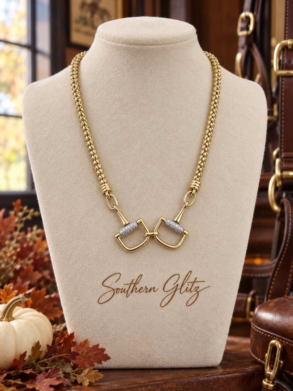 Gold Snaffle Bit Necklace, Crystal Equestrian Necklace, Horse Bit Statement Jewe